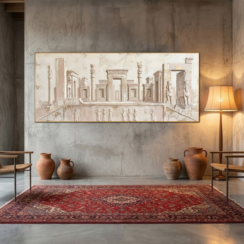 تابلوی دیواری مدل پرسپولیس با پالت رنگی استخوانی و طلایی