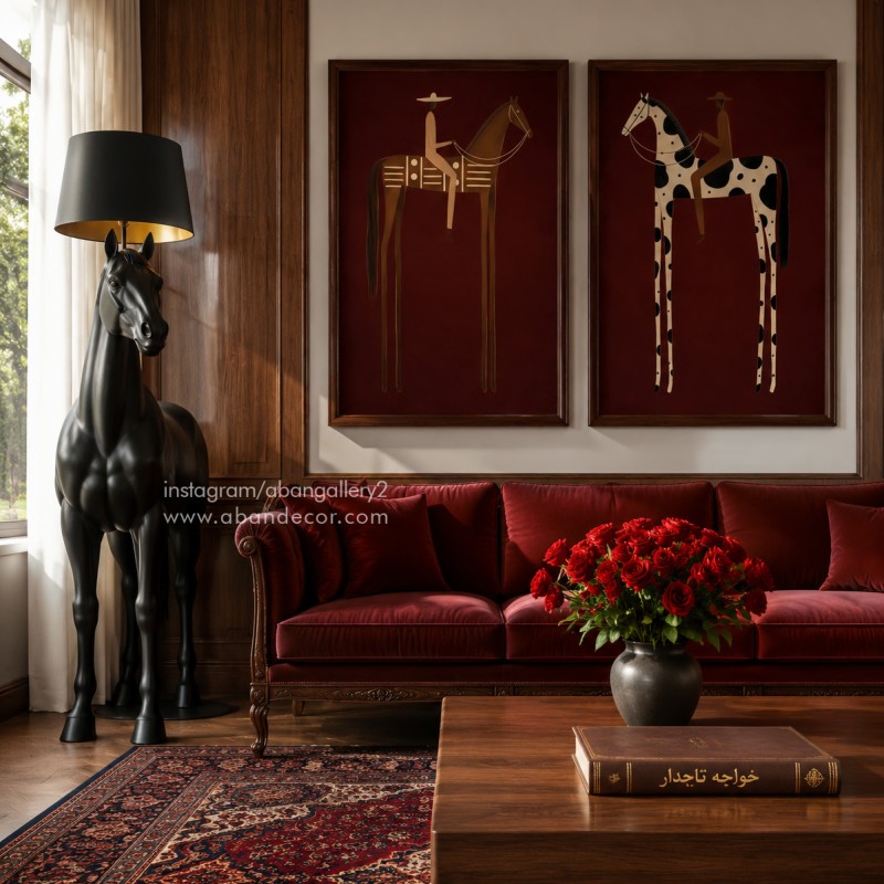 تابلو 2 عددی مینیمال سوارکار اسب زرشکی