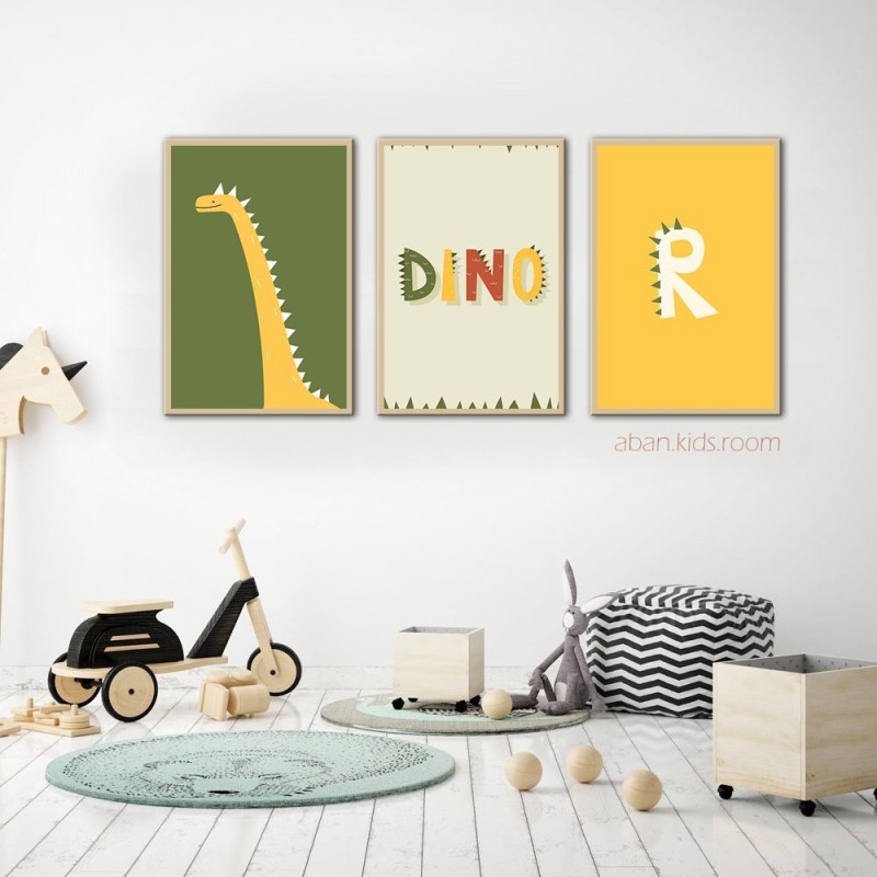 ست ۳ عددی تابلو دکوراتیو اتاق کودک: دایناسور، کلمه DINO و حرف R
