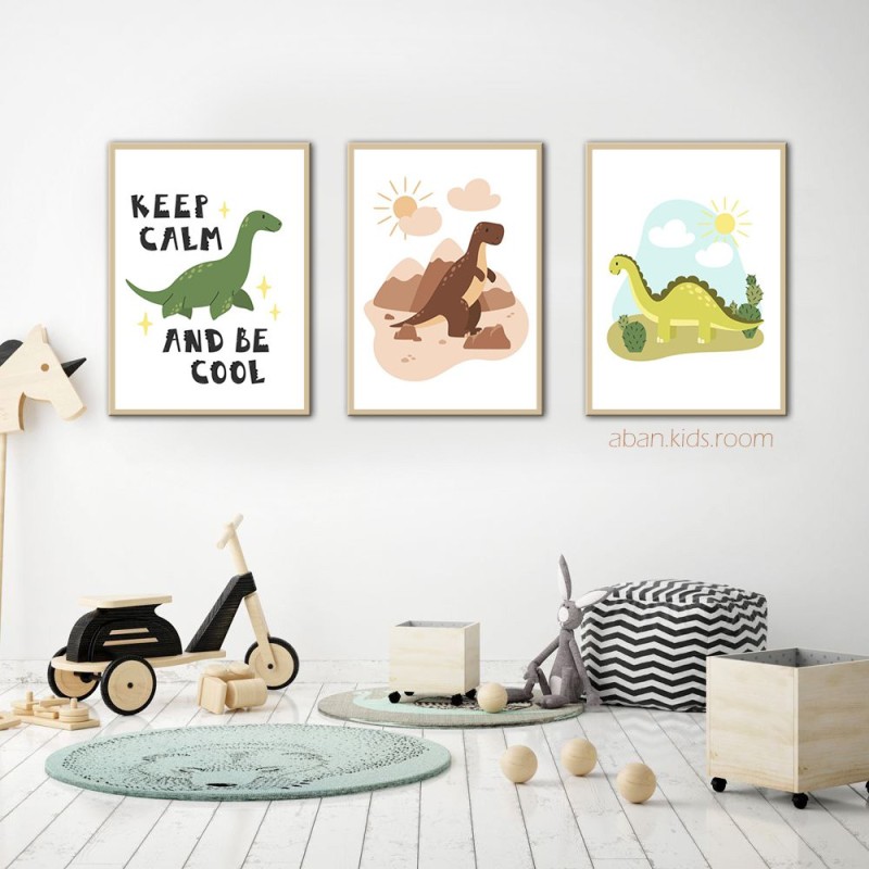 ست ۳ عددی تابلو انگیزشی و بامزه اتاق کودک طرح دایناسور (Keep Calm and Be Cool)