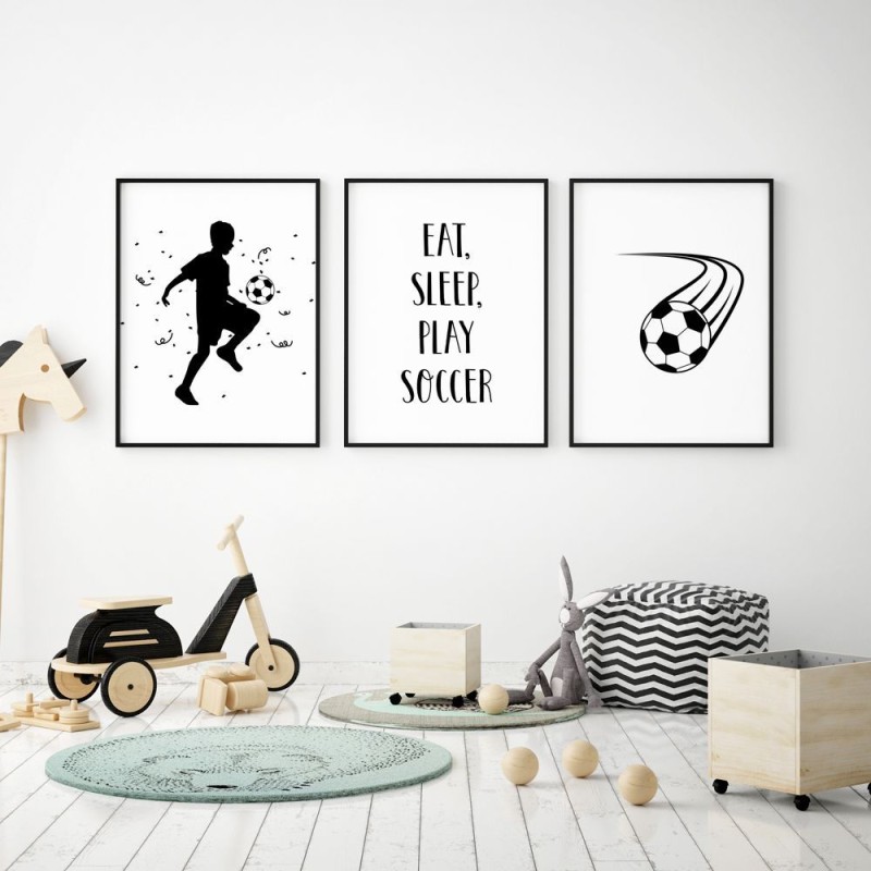مجموعه ۳ عددی تابلو دکوراتیو اتاق کودک و نوجوان طرح فوتبال و متن Eat Sleep Play Soccer