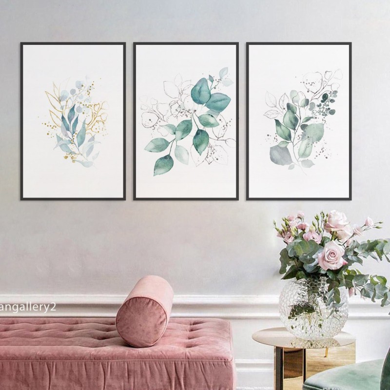 ست تابلو ۳ تکه شاخه‌های اکالیپتوس و خطوط طلایی؛ اثر آبرنگی مدرن