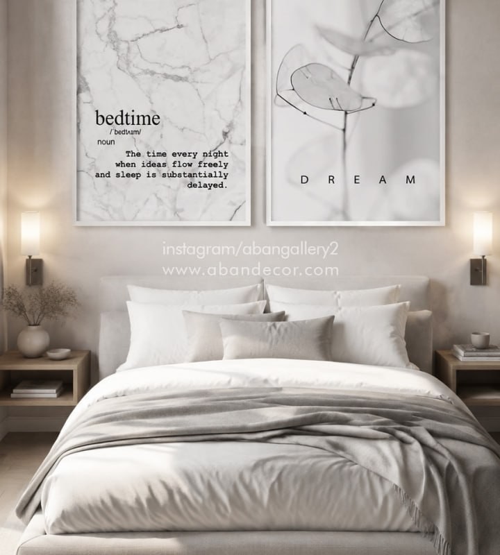 ست تابلو دو تکه مدرن طرح متن Bedtime و Dream؛ تابلوی دکوراتیو مینیمال مشکی و سفید