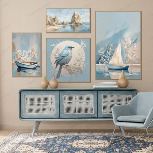 مجموعه تابلوهای 4تیکه هنری مدرن با رنگ‌های آرامش‌بخش – طراحی دریا، پرنده و قایق
