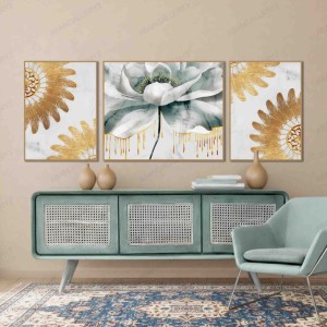 تابلو 3تکه طرح گل و پر سفید طلایی
