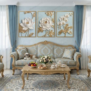 تابلو سه‌تکه گل برجسته با ترکیب آبی و طلایی