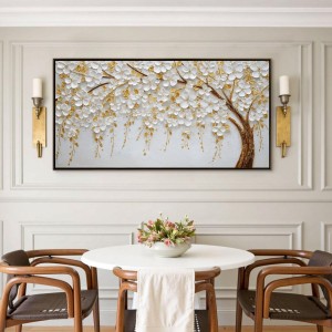 تابلو افقی شکوفه های بهاری سفید طلایی