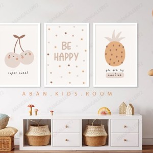 ست ۳ تکه تابلو دکوراتیو اتاق کودک طرح میوه‌های فانتزی (گیلاس و آناناس) و Be Happy
