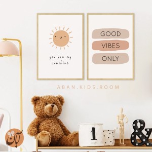 ست ۲ تکه تابلو دکوراتیو اتاق کودک طرح خورشید و Good Vibes Only