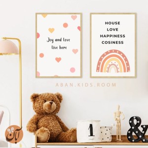 ست ۲ تکه تابلو دکوراتیو اتاق کودک طرح رنگین‌کمان بوهو و قلب‌های رنگی (Joy and Love)
