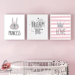 مجموعه ۳ عددی تابلو دکوراتیو اتاق کودک طرح خرگوش پرنسس و نوشته Dream Big