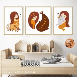 مجموعه ۳ عددی تابلو دکوراتیو اتاق کودک طرح پری دریایی و نهنگ بوهو
