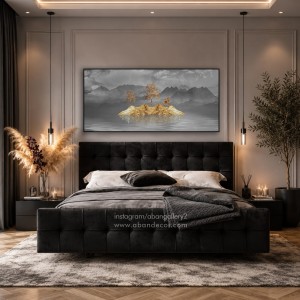 تابلو-دکوراتیو-افقی-طرح-درخت-شکوفه-و-ماه-طلایی-بالای-تخت-خواب-مشکی-در-اتاق-خواب-مدرن-با-نورپردازی-ملایم