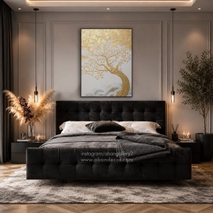 تابلو-دکوراتیو-افقی-طرح-درخت-شکوفه-و-ماه-طلایی-بالای-تخت-خواب-مشکی-در-اتاق-خواب-مدرن-با-نورپردازی-ملایم