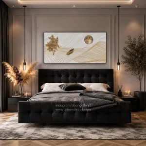 تابلو-دکوراتیو-افقی-طرح-درخت-شکوفه-و-ماه-طلایی-بالای-تخت-خواب-مشکی-در-اتاق-خواب-مدرن-با-نورپردازی-ملایم