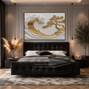 تابلو-دکوراتیو-افقی-طرح-درخت-شکوفه-و-ماه-طلایی-بالای-تخت-خواب-مشکی-در-اتاق-خواب-مدرن-با-نورپردازی-ملایم
