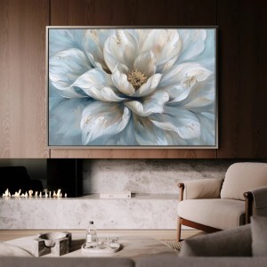 تابلو-دکوراتیو-مدرن-گل-آبی-و-سفید-با-جزئیات-طلایی-برای-پذیرایی