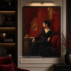 خرید تابلو دکوراتیو لوکس طرح پرتره زن با لباس مشکی و پس‌زمینه قرمز