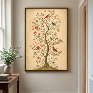 تابلو-درخت-گلدار-پرندگان-رنگی-سبک-کلاسیک-دیواری