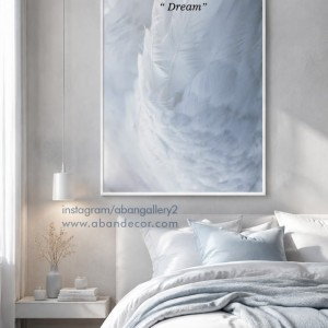تابلو دیواری مدرن طرح پر و متن Dream؛ تابلوی هنری مینیمال آبی یخی