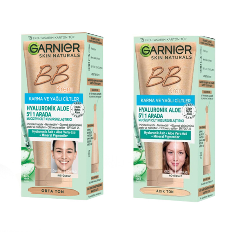 بی بی کرم 5کاره پوست مختلط تا چرب SPF 25 حاوی هیالورونیک اسید گارنیه حجم 50 میل