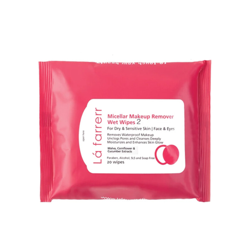 دستمال مرطوب پاک‌کننده آرایش چشم و صورت مناسب پوست‌های خشک و حساس لافارر مدل 02 بسته 20 عددی