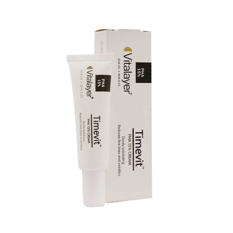 کرم لایه بردار ملایم حاوی PHA 15% ضد چروک و شفاف‌کننده پوست ویتالیر مدل Timevit حجم 30 میل