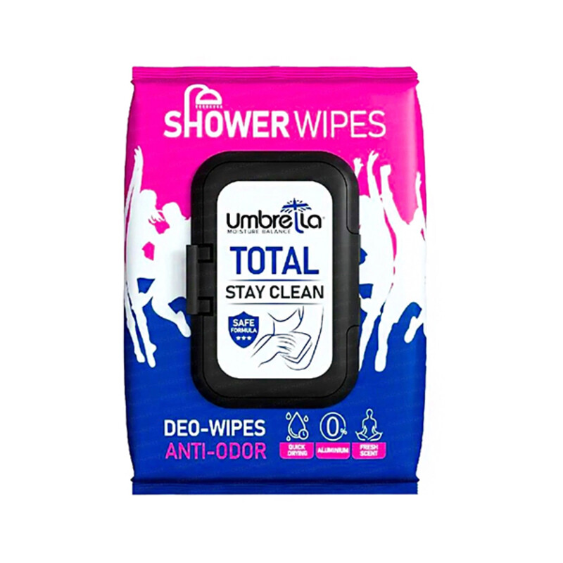 دستمال مرطوب خوشبوکننده و پاک‌کننده بدن آمبرلا مدل Total Stay Clean بسته 50 عددی