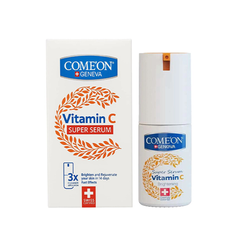 سرم صورت روشن‌کننده و ضد لک کامان حاوی ویتامین C و هیالورونیک اسید مدل Super Serum حجم 30 میل