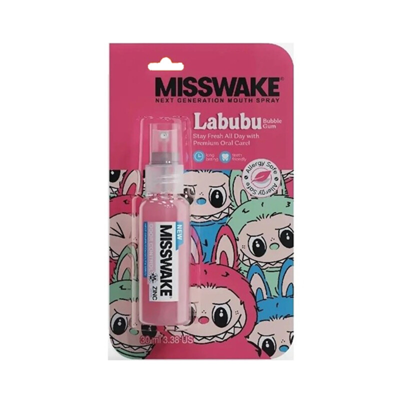 افشانه خوشبو کننده دهان کودک میسویک آنتی باکتریال و فاقد الکل با رایحه آدامس بادکنکی مدل Labubu حجم ۳۰ میل