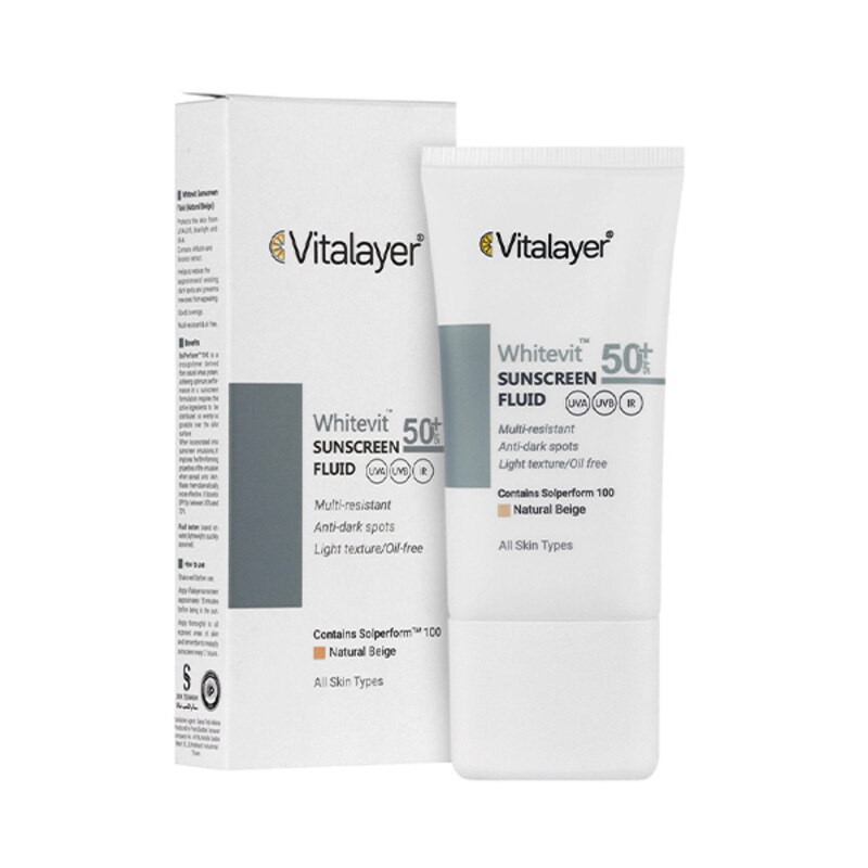 فلوئید ضد آفتاب رنگی ضد لک و روشن‌کننده ویتالیر مخصوص پوست‌های کدر مدل Whitevit (بژ طبیعی) حجم 50 میل