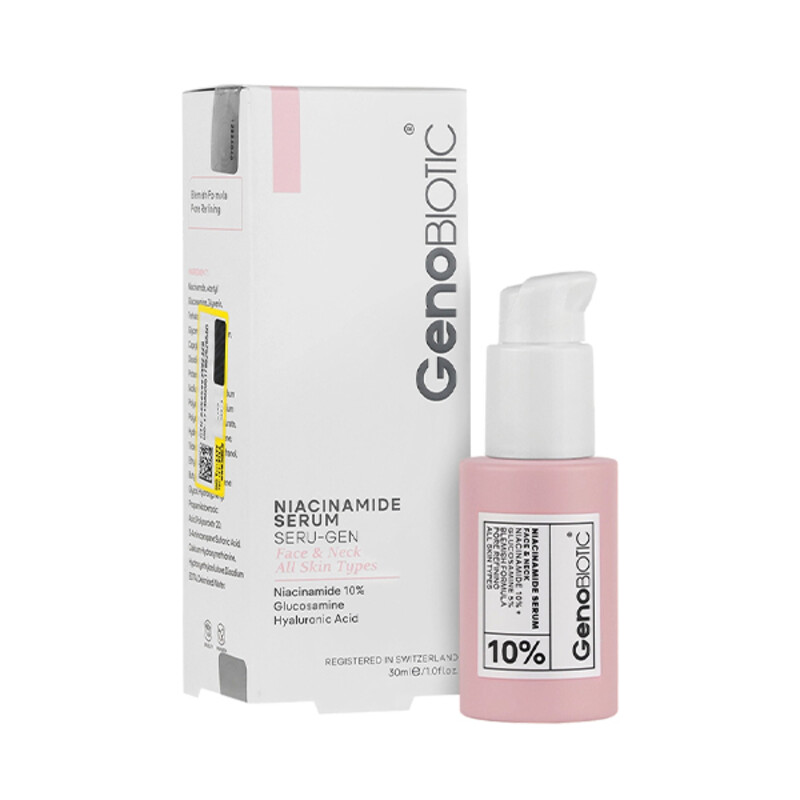 سرم ضد جوش و کوچک کننده منافذ ژنو بایوتیک حاوی نیاسینامید ۱۰٪ و زینک حجم 30 میل