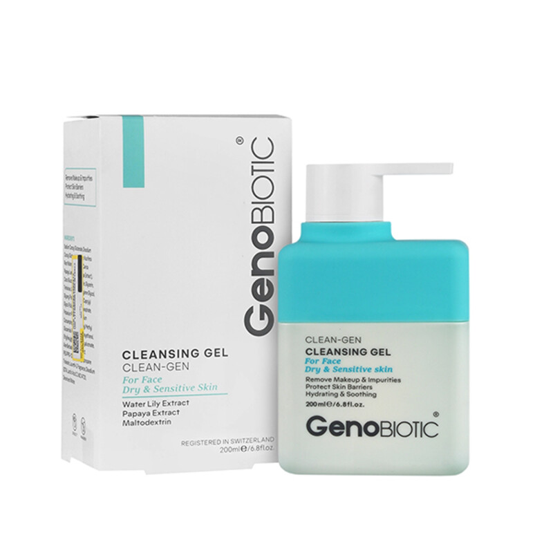 ژل شستشوی صورت غیر صابونی و آبرسان ژنوبایوتیک مدل Clean Gen مناسب پوست خشک و حساس حجم 200 میل