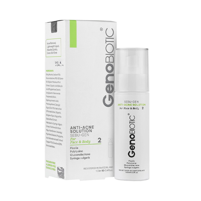 محلول ضد آکنه صورت و بدن ژنوبایوتیک مدل Sebu-Gen حاوی سالیسیلیک اسید حجم 100 میل