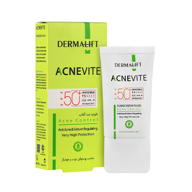 فلوئید ضد آفتاب کنترل‌کننده چربی درمالیفت مخصوص پوست‌های چرب و جوشدار مدل Acnevite SPF 50 حجم 40 میل
