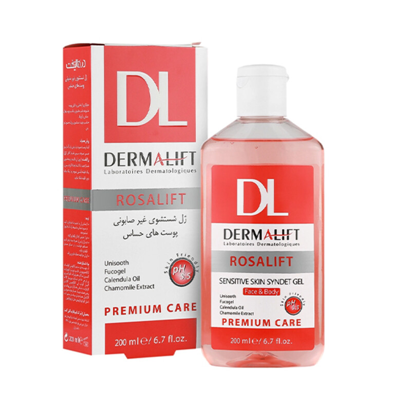ژل شستشوی صورت تسکین‌دهنده و ضد قرمزی درمالیفت مخصوص پوست‌های حساس مدل Rosaliift حجم 200 میل