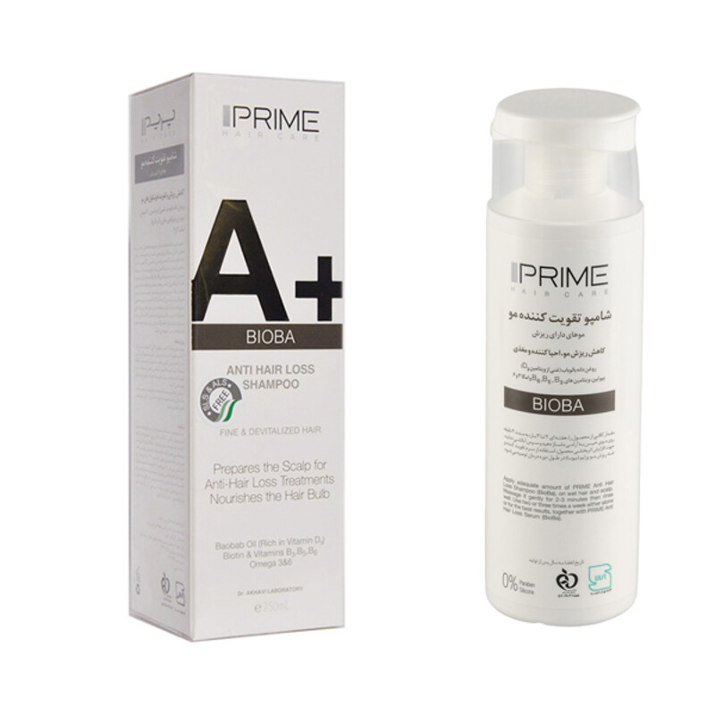 شامپو تقویت کننده و ضد ریزش پرایم مدل A+ حاوی بیوتین و کافئین حجم ۲۵۰ میل