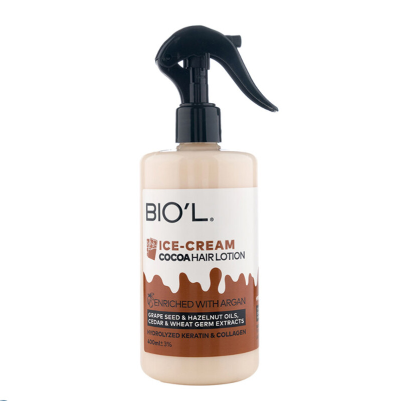 لوسیون موی بدون نیاز به آبکشی بیول مدل Ice Cream Cocoa حاوی کراتین، کلاژن و روغن‌های آرگان، فندق و هسته انگور مناسب موهای آسیب دیده حجم ۴۰۰ میل