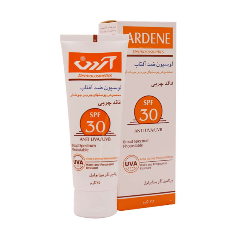 لوسیون ضد آفتاب آردن SPF 30 فاقد چربی مناسب پوست‌های چرب و جوشدار حجم ۷۵ میل