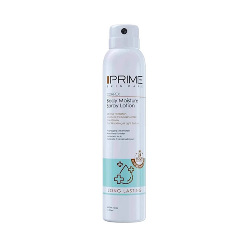 اسپری لوسیون آبرسان بدن پرایم مدل Long Lasting مناسب انواع پوست فاقد چربی و رطوبت رسان ۲۴ ساعته حجم ۲۰۰ میل