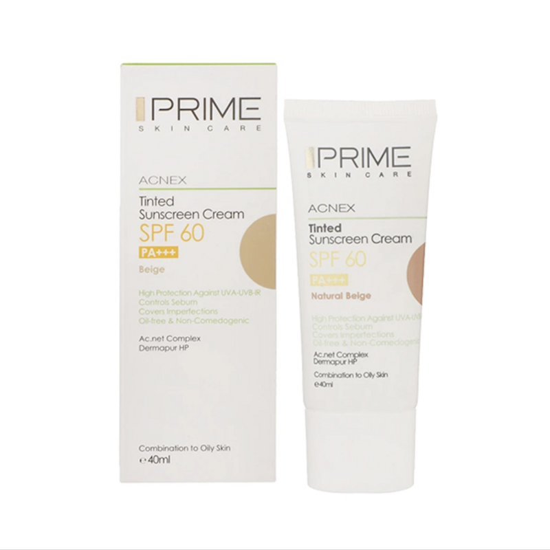کرم ضد آفتاب رنگی پرایم مدل Acnex مناسب پوست چرب و مختلط کنترل کننده ترشح سبوم با SPF 60 حجم ۴۰ میل