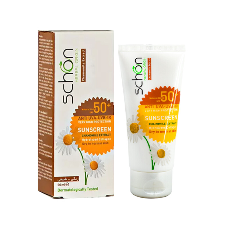 کرم ضد آفتاب رنگی طبیعی شون مدل Chamomile مناسب پوست های نرمال تا خشک با خاصیت SPF 50 و رطوبت‌رسان حجم ۵۰ میل