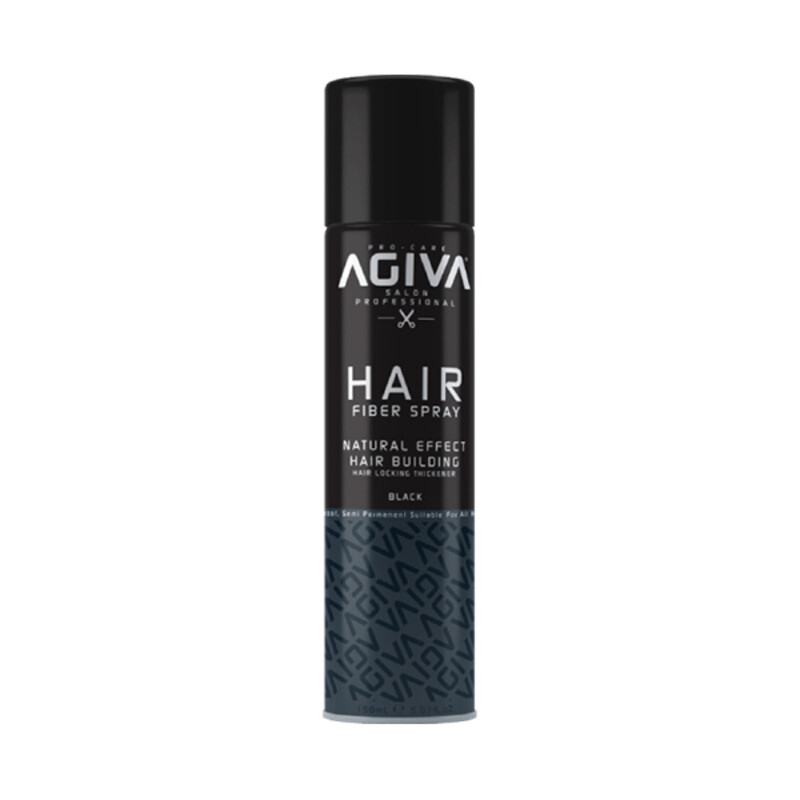 اسپری پرپشت‌کننده و فیبر مو آگیوا مدل HAIR FIBER SPRAY رنگ مشکی (Black) مناسب انواع مو با جلوه طبیعی و ضدآب حجم ۱۵۰ میل