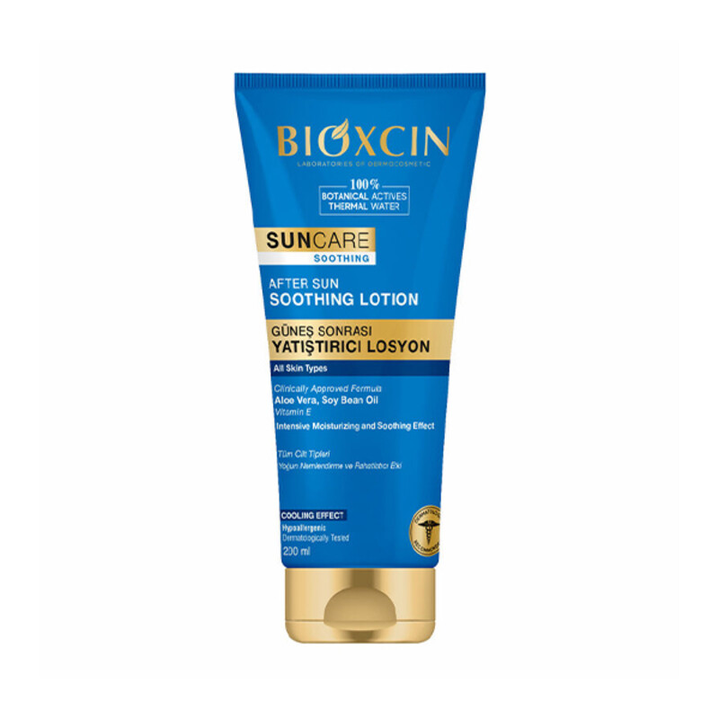 لوسیون تسکین‌دهنده افترسان صورت و بدن بیوکسین مدل SUN CARE SOOTHING حاوی آلوئه‌ورا و روغن سویا حجم ۲۰۰ میل