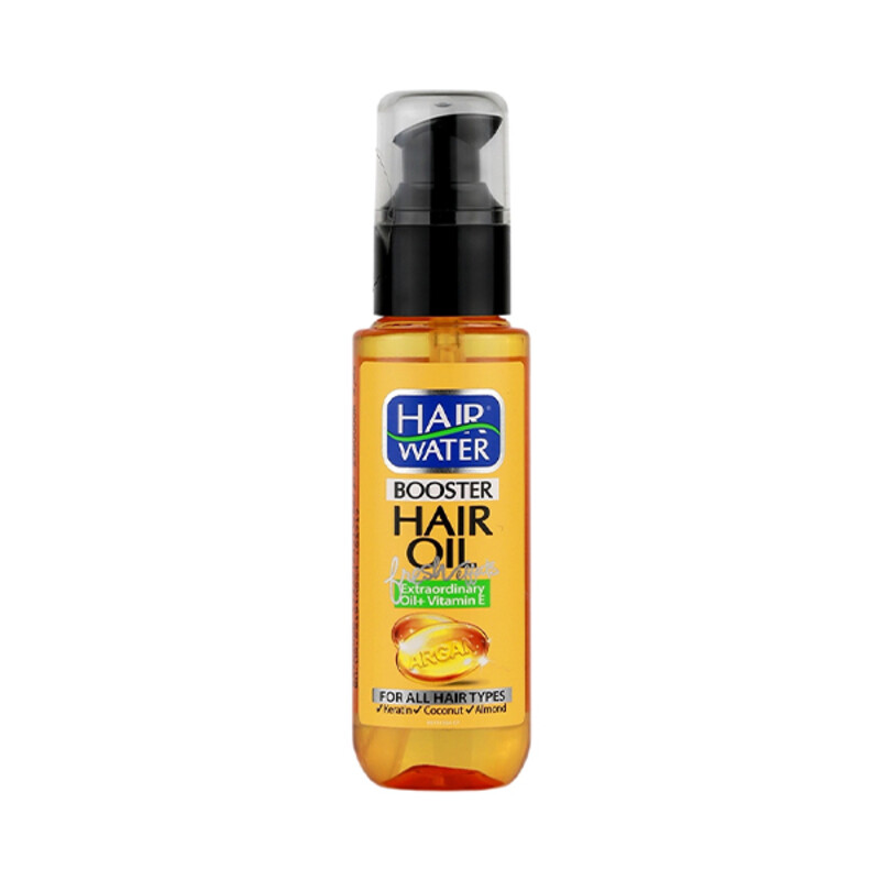 روغن ترمیم‌کننده و تقویت‌کننده مو هیر واتر مدل HAIR OIL BOOSTER حاوی روغن آرگان و ویتامین E مناسب موهای خشک و آسیب‌دیده حجم ۷۰ میل