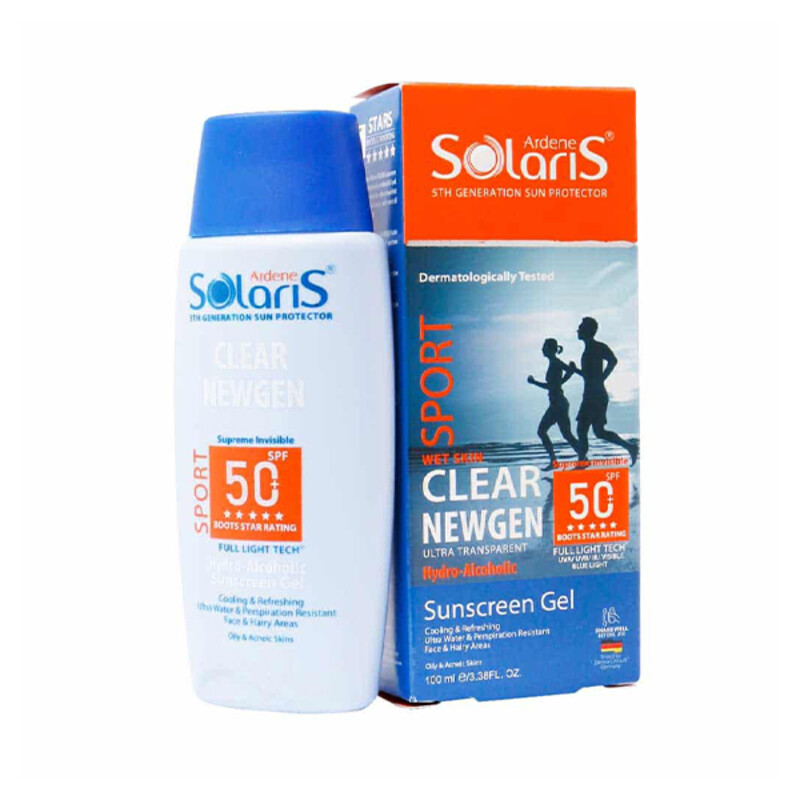 ژل هیدروالکلی ضد آفتاب بی‌رنگ آردن سولاریس مدل SOLARIS CLEAR NEWGEN با spf 50 مناسب پوست‌های چرب و جوش‌دار و ورزشکاران حجم ۱۰۰ میل