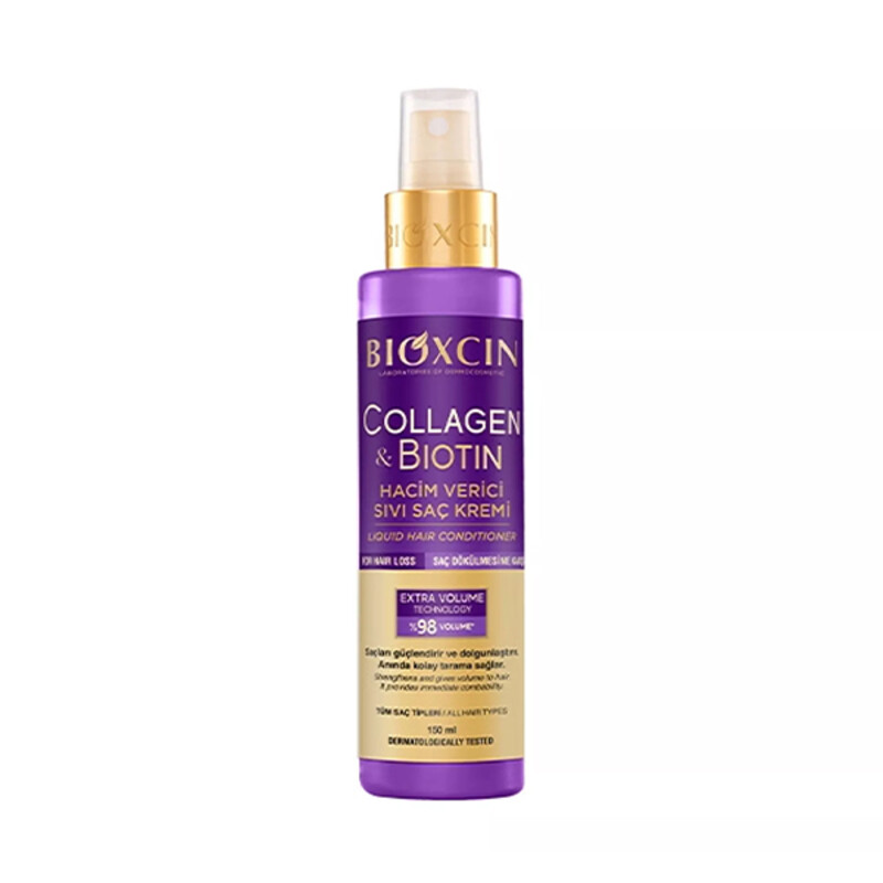 اسپری نرم‌کننده و حجم‌دهنده مو بیوکسین مدل COLLAGEN &amp; BIOTIN حاوی کلاژن و بیوتین با خاصیتِ حجم‌دهیِ ۹۸ درصدی حجم ۱۵۰ میل