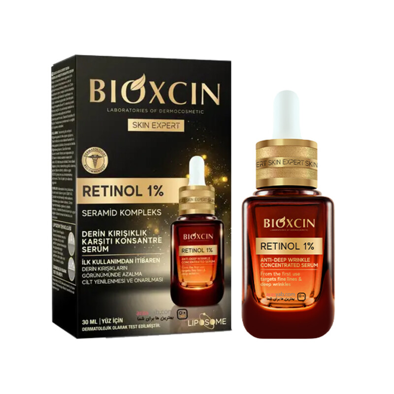 سرمِ جوانساز و بازسازی‌کننده‌یِ تخصصی بیوکسین مدل RETINOL 1% حاوی کمپلکسِ سرامید جهتِ رفعِ خطوطِ عمیق حجم ۳۰ میل
