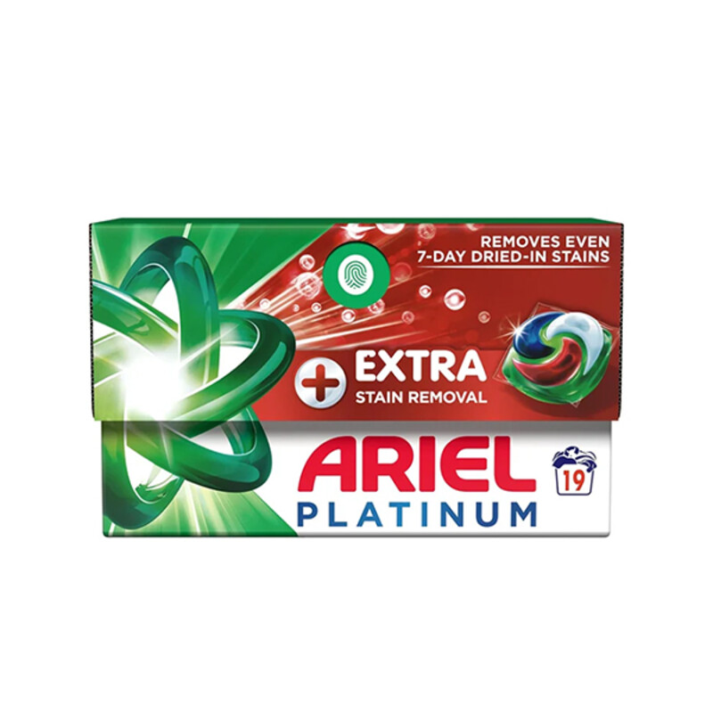 قرص ماشین لباسشویی آریل مدل PLATINUM EXTRA STAIN REMOVAL پاک‌کننده و درخشان‌کننده تخصصی الیاف تعداد ۱۹ عددی