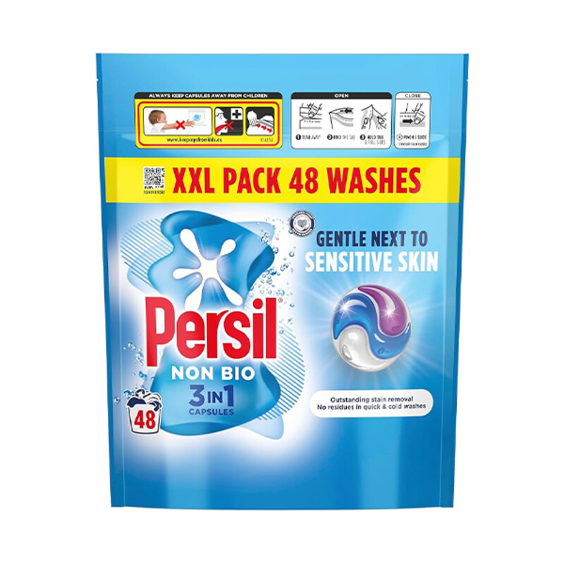 قرص ماشین لباسشویی پرسیل مدل NON BIO 3IN1 سد دفاعی پوست‌های تحریک‌پذیر و شوینده عاری از کاتالیزورهای زنده تعداد ۴۸ عددی